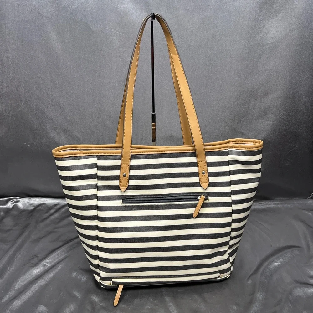 TWELVElittle Stripe Diaper Bag Tote Black White Tan Coated Canvas Large Carryall